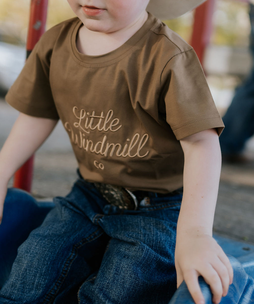 LIMITED EDITION embroidered kids tee dust brown worn by child showing boutique quality country style