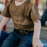 LIMITED EDITION embroidered kids tee dust brown worn by child showing boutique quality country style