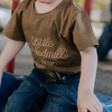 LIMITED EDITION embroidered kids tee dust brown worn by child showing boutique quality country style
