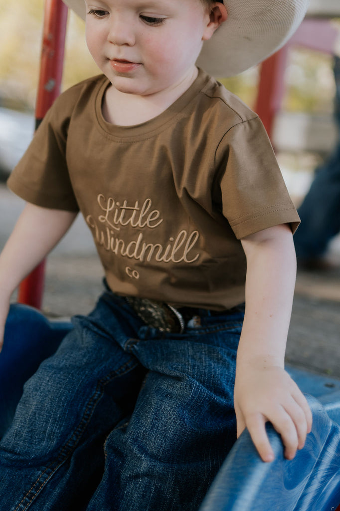 LIMITED EDITION Embroidered Tee - Kids - DUST BROWN-Little Windmill Clothing Co