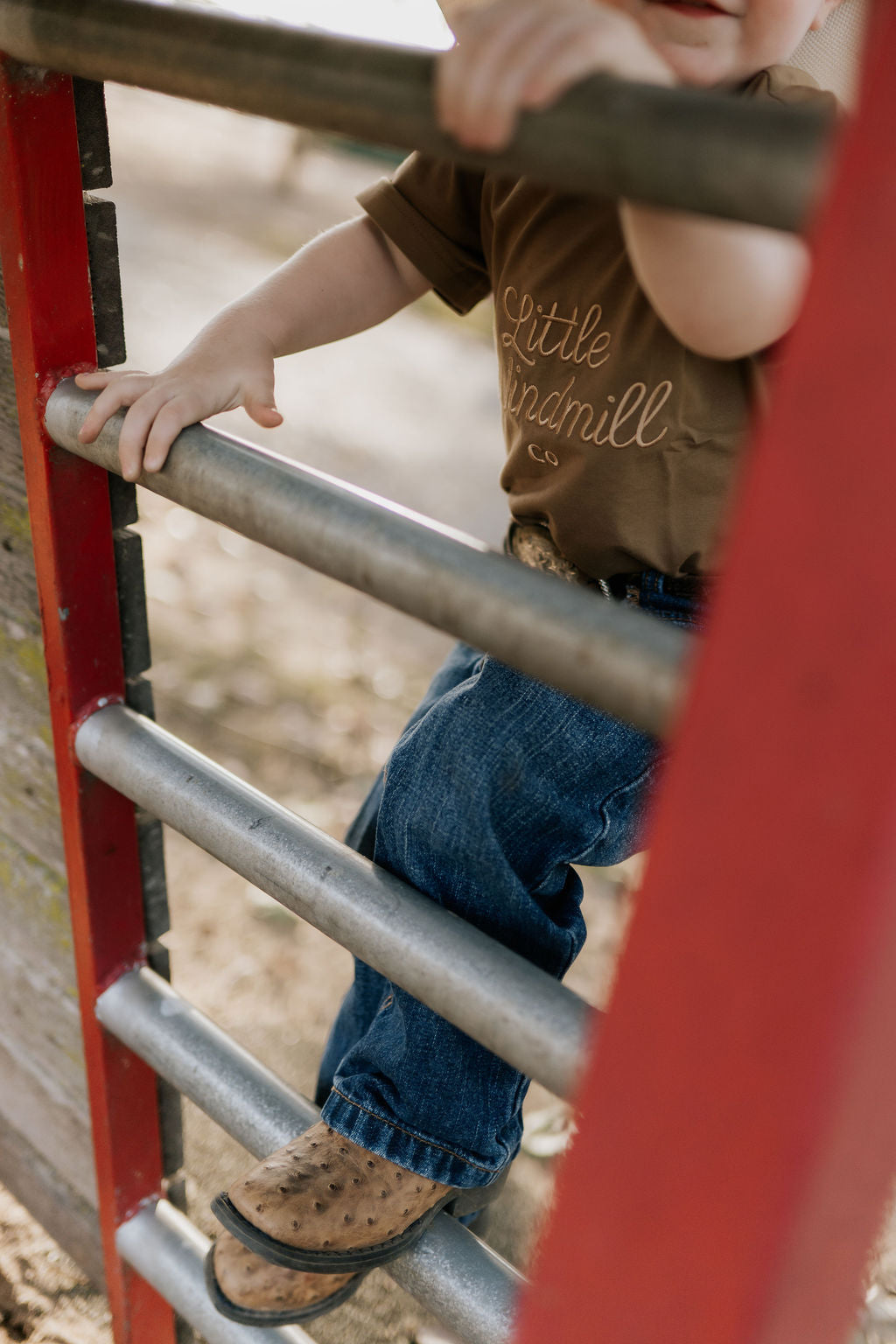 LIMITED EDITION embroidered kids tee dust brown flat lay showing full design and warm colourway