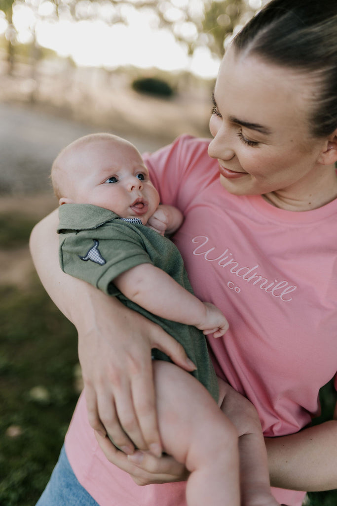 "Ky Baby" Khaki Green Baby Polo Romper-Little Windmill Clothing Co