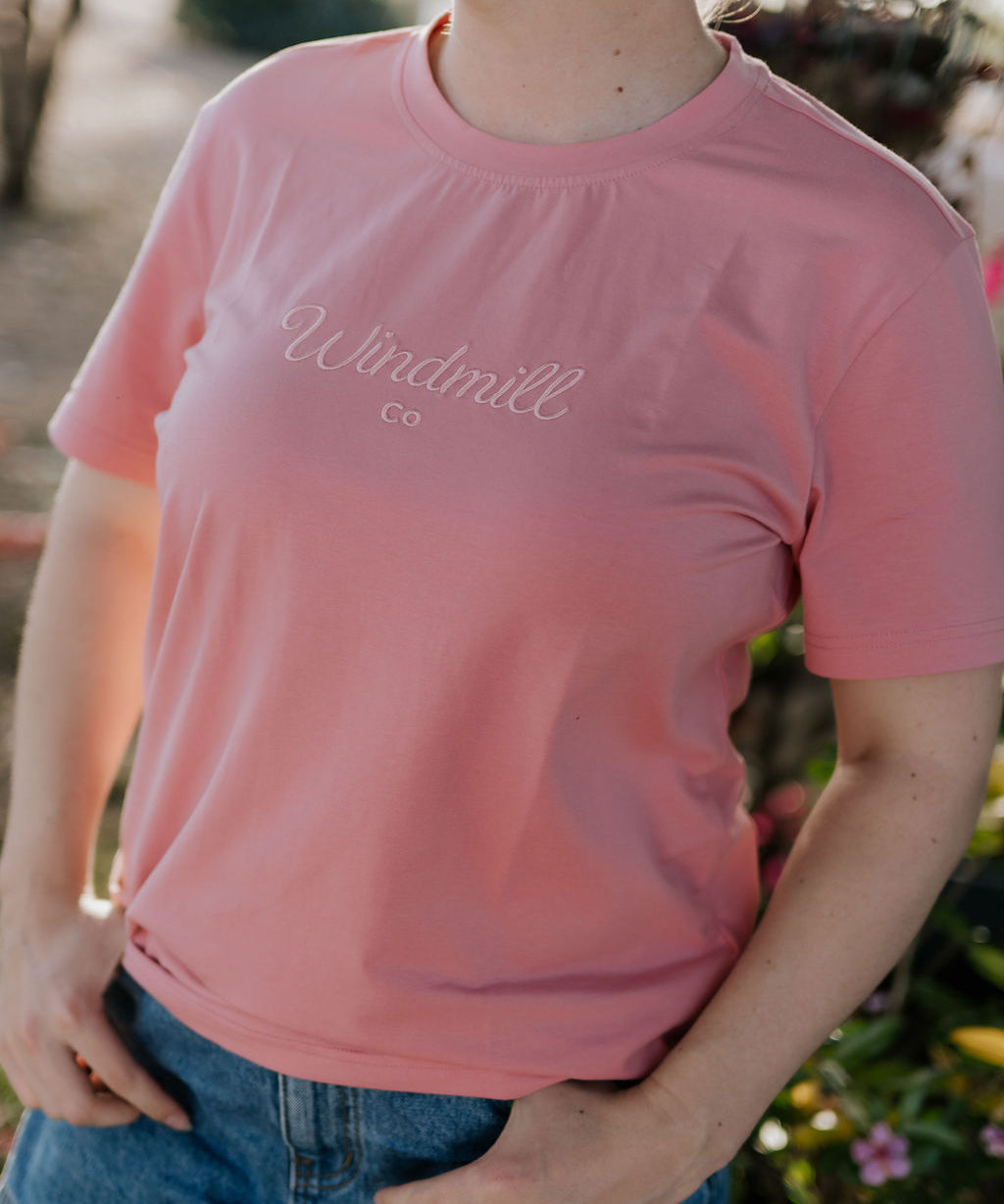 LIMITED EDITION embroidered ladies tee dust pink worn showing boutique quality women's country style