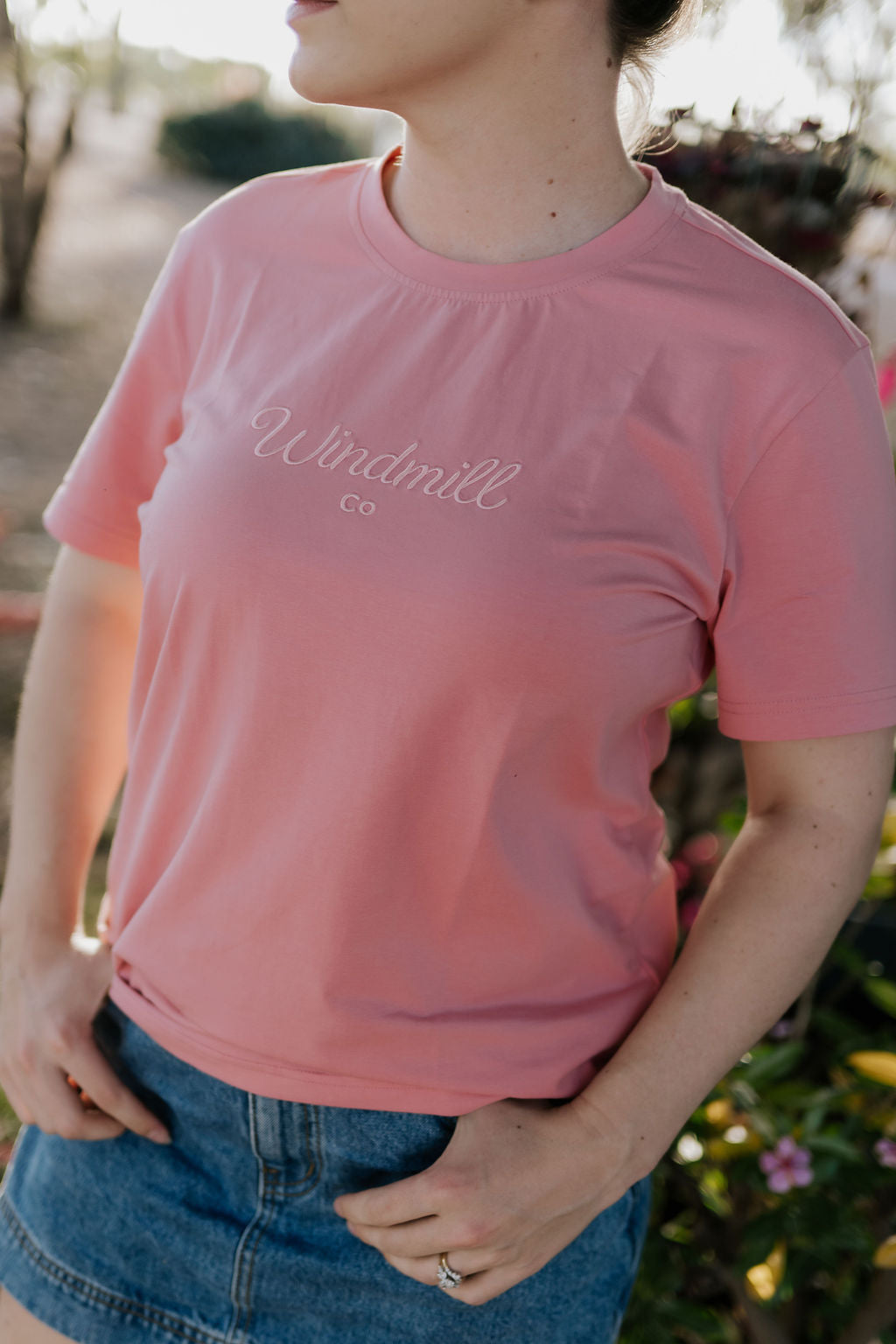 LIMITED EDITION embroidered ladies tee dust pink worn showing boutique quality women's country style