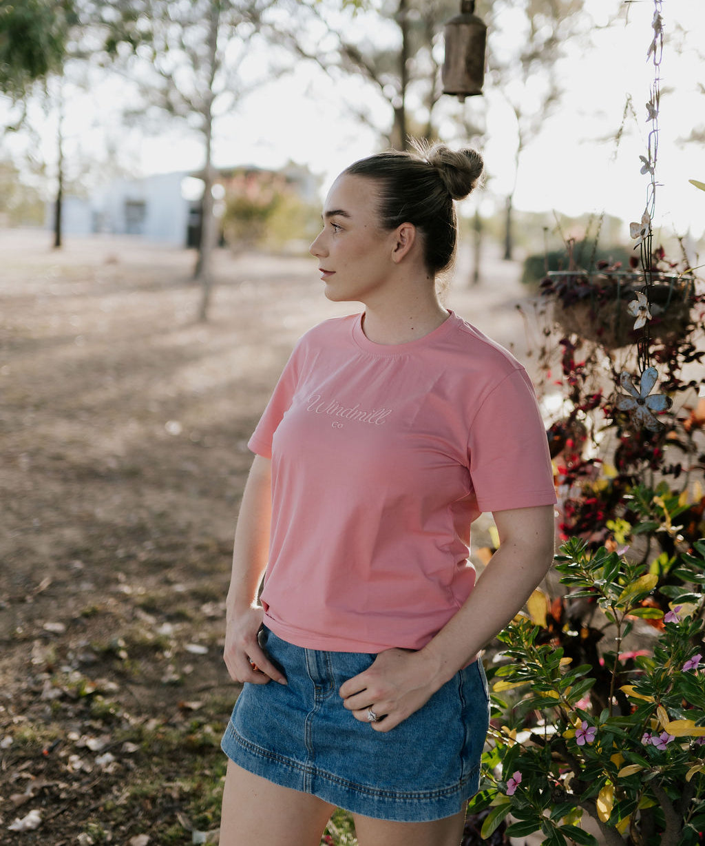 LIMITED EDITION embroidered ladies tee dust pink back view showing relaxed women's fit in dust pink
