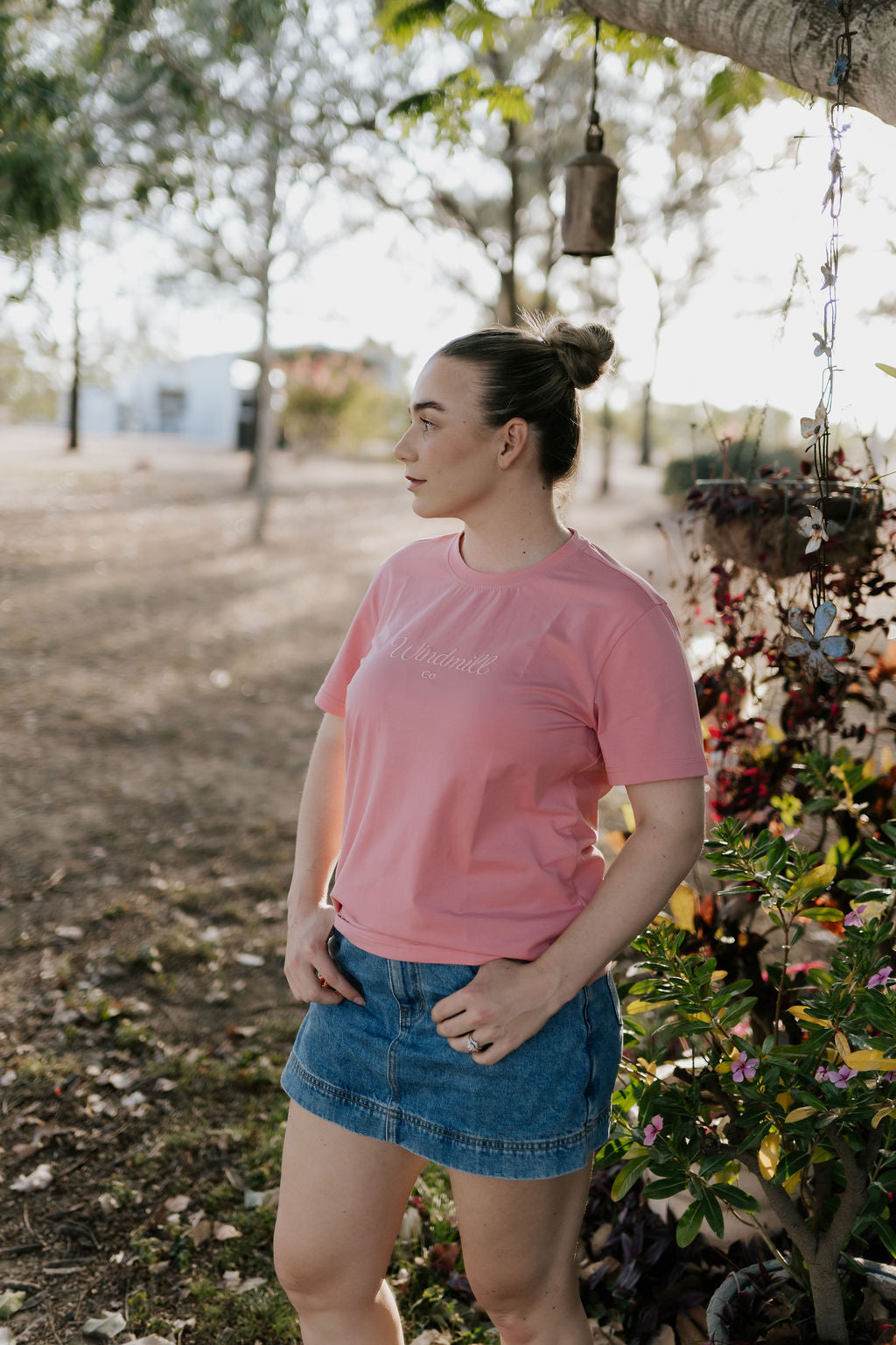 LIMITED EDITION embroidered ladies tee dust pink back view showing relaxed women's fit in dust pink
