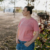 LIMITED EDITION embroidered ladies tee dust pink back view showing relaxed women's fit in dust pink
