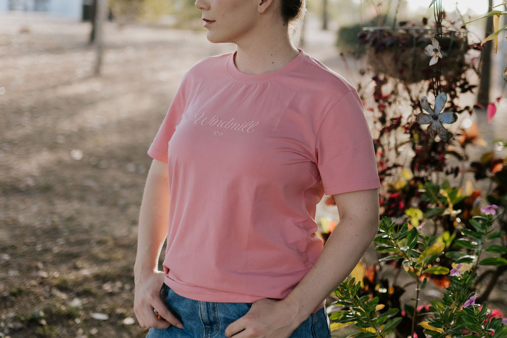LIMITED EDITION embroidered ladies tee dust pink front view showing LWCC logo on warm dusty pink