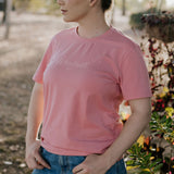 LIMITED EDITION embroidered ladies tee dust pink front view showing LWCC logo on warm dusty pink