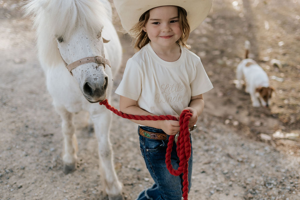 LIMITED EDITION embroidered kids tee cream collar detail showing premium tee quality