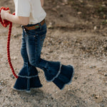 LW Dark Wash Bell Bottom Flare Jeans back view showing classic dark wash flare jeans fit
