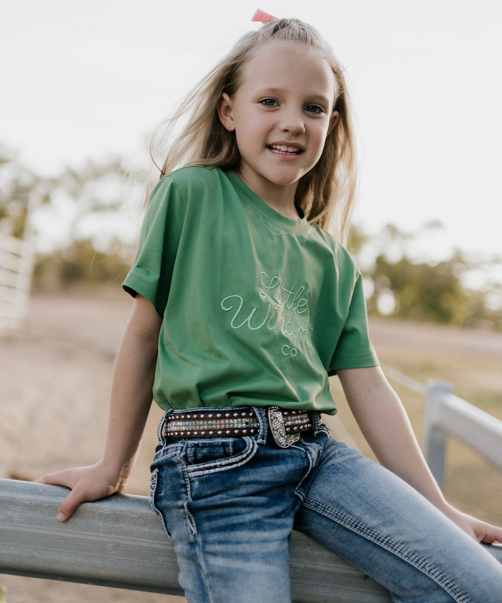 LIMITED EDITION embroidered kids tee moss green back view showing relaxed fit and earthy moss colourway