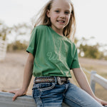 LIMITED EDITION embroidered kids tee moss green back view showing relaxed fit and earthy moss colourway