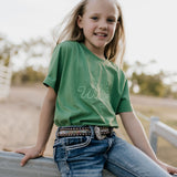 LIMITED EDITION embroidered kids tee moss green back view showing relaxed fit and earthy moss colourway