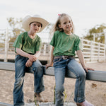 LIMITED EDITION embroidered kids tee moss green front view showing signature LWCC embroidered logo on premium moss green