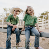 LIMITED EDITION embroidered kids tee moss green front view showing signature LWCC embroidered logo on premium moss green