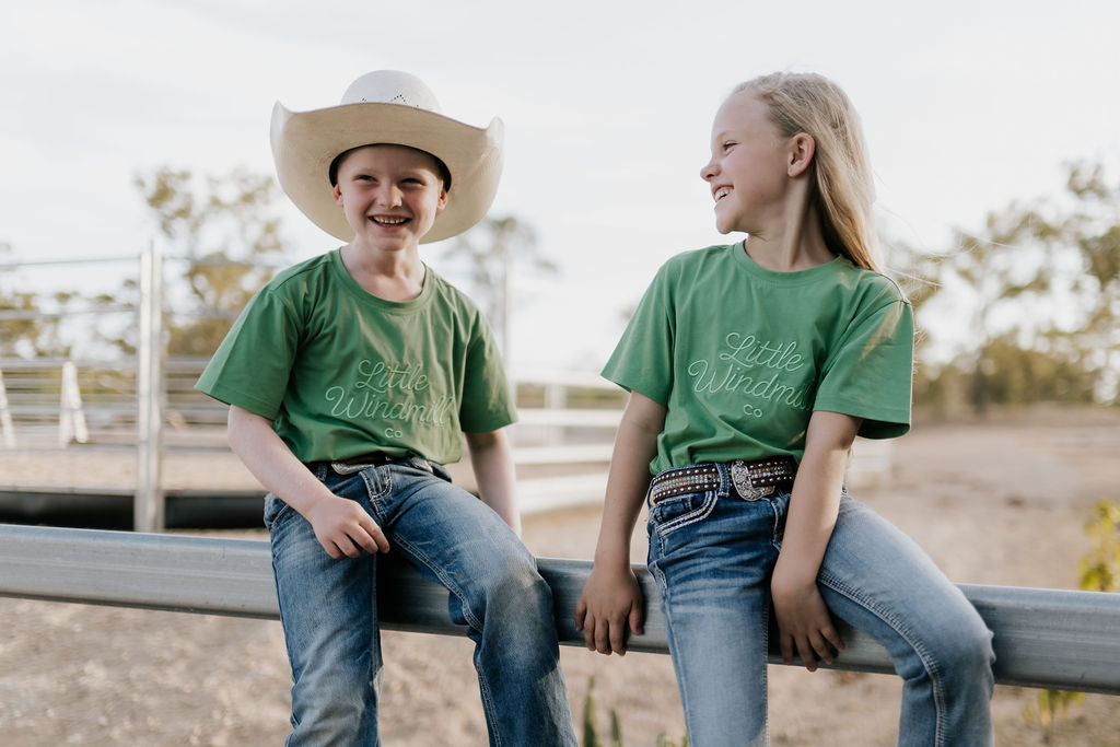 LIMITED EDITION embroidered kids tee moss green worn by child showing boutique quality country casual style