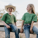 LIMITED EDITION embroidered kids tee moss green worn by child showing boutique quality country casual style