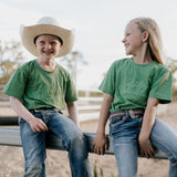 LIMITED EDITION embroidered kids tee moss green worn by child showing boutique quality country casual style