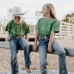 LIMITED EDITION embroidered kids tee moss green embroidery close-up showing detailed LWCC logo stitch
