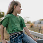 LIMITED EDITION embroidered kids tee moss green collar detail showing premium tee quality