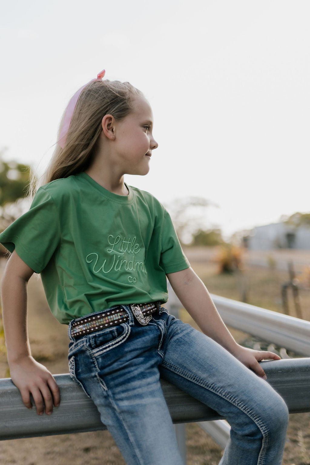 LIMITED EDITION embroidered kids tee moss green collar detail showing premium tee quality