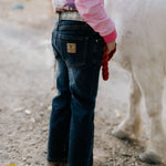 Little Windmill unisex bootcut jeans flatlay showing full classic bootcut denim design