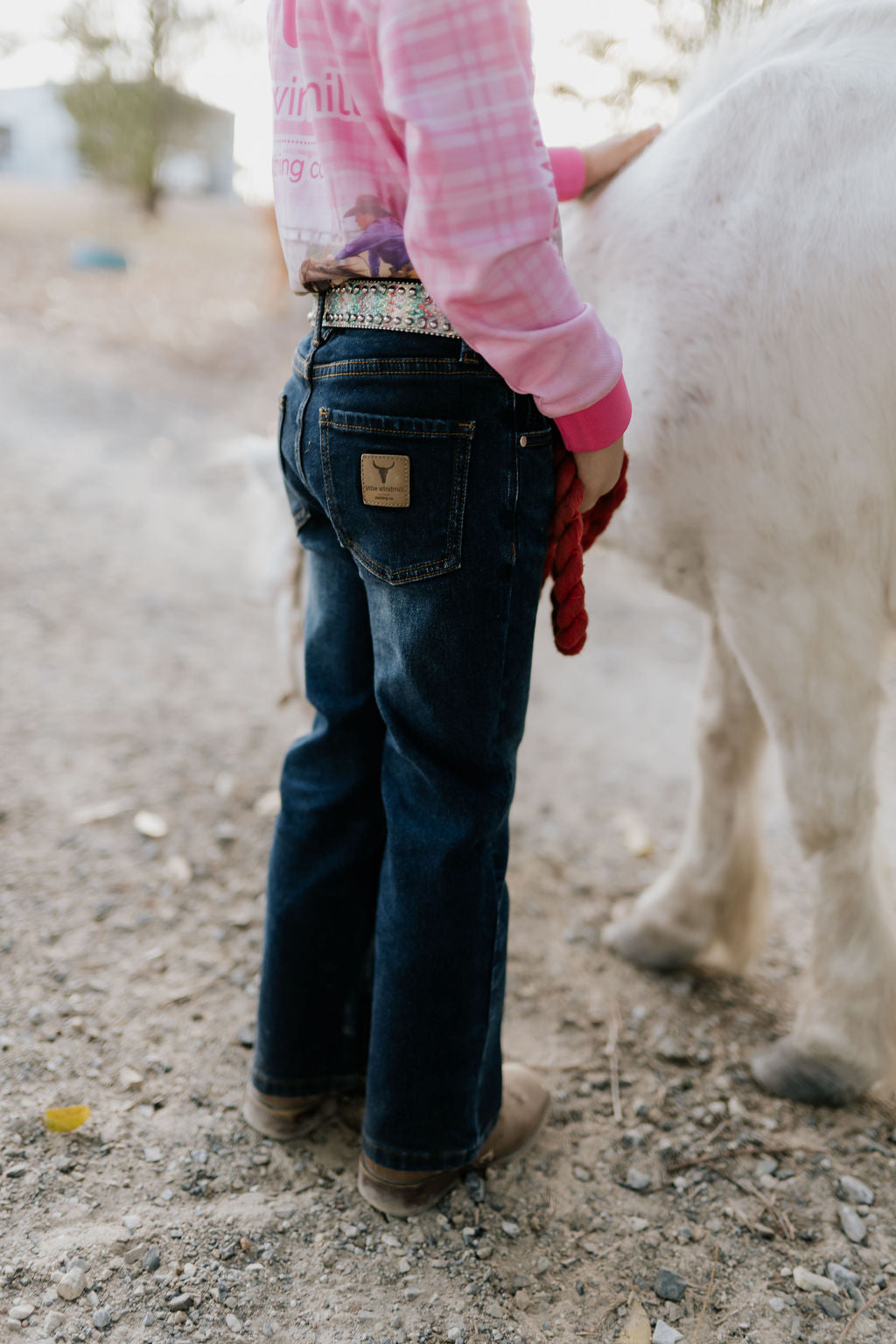 Little Windmill unisex bootcut jeans flatlay showing full classic bootcut denim design
