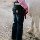 Little Windmill unisex bootcut jeans flatlay showing full classic bootcut denim design