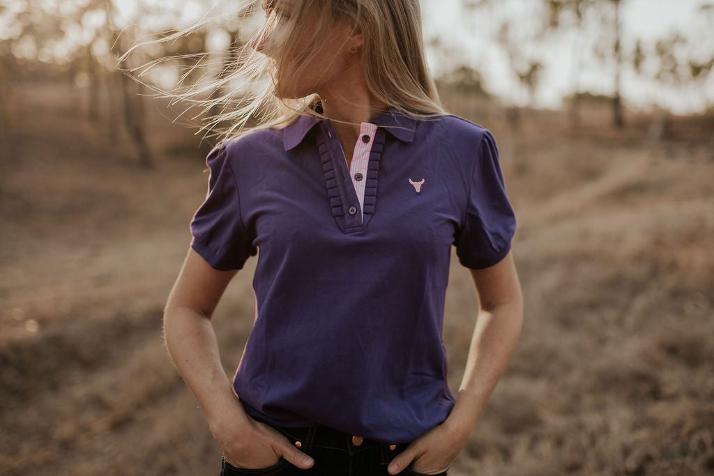 "Jodi Miss" Purple Gingham Relax Fitted Women's White Floral Contrast Polo-Little Windmill Clothing Co