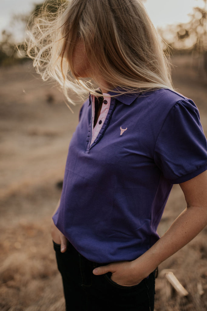 "Jodi Miss" Purple Gingham Relax Fitted Women's White Floral Contrast Polo-Little Windmill Clothing Co