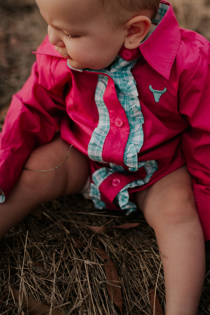 "Carly" Hot Pink and Teal Checked Long Sleeve Romper-Little Windmill Clothing Co