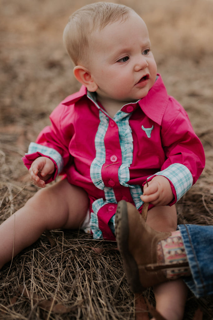 "Carly" Hot Pink and Teal Checked Long Sleeve Romper-Little Windmill Clothing Co