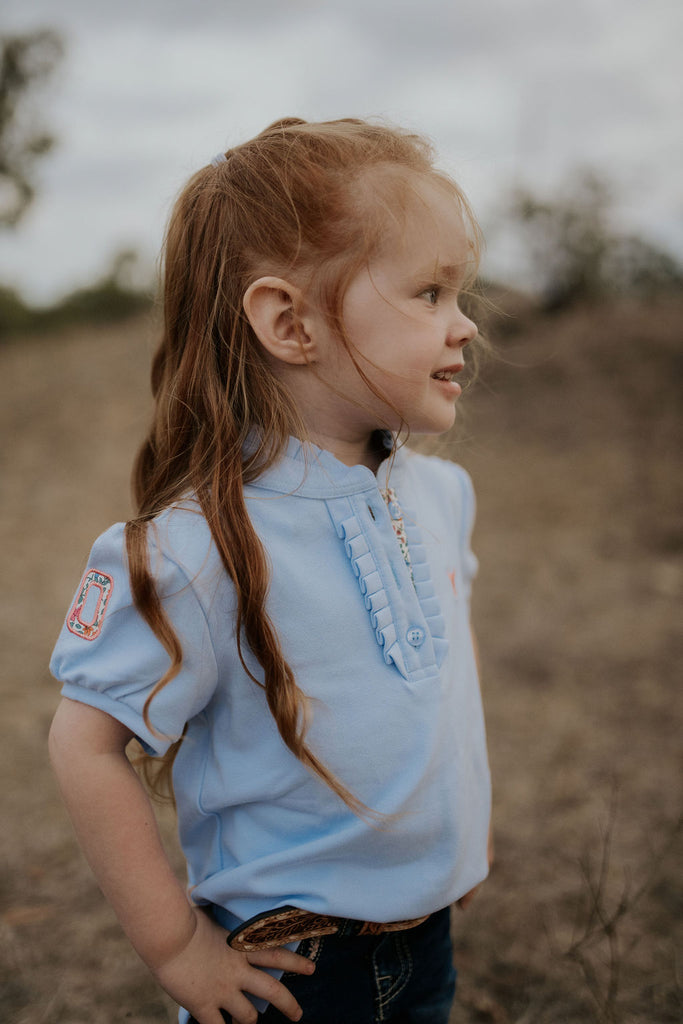 "Alana" Ice Blue Floral Ruffle Contrast Polo-Little Windmill Clothing Co