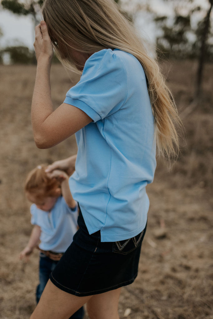 "Skye" Soft Blue and Baby Pink Gingham Relax Fitted Women's Contrast Polo-Little Windmill Clothing Co