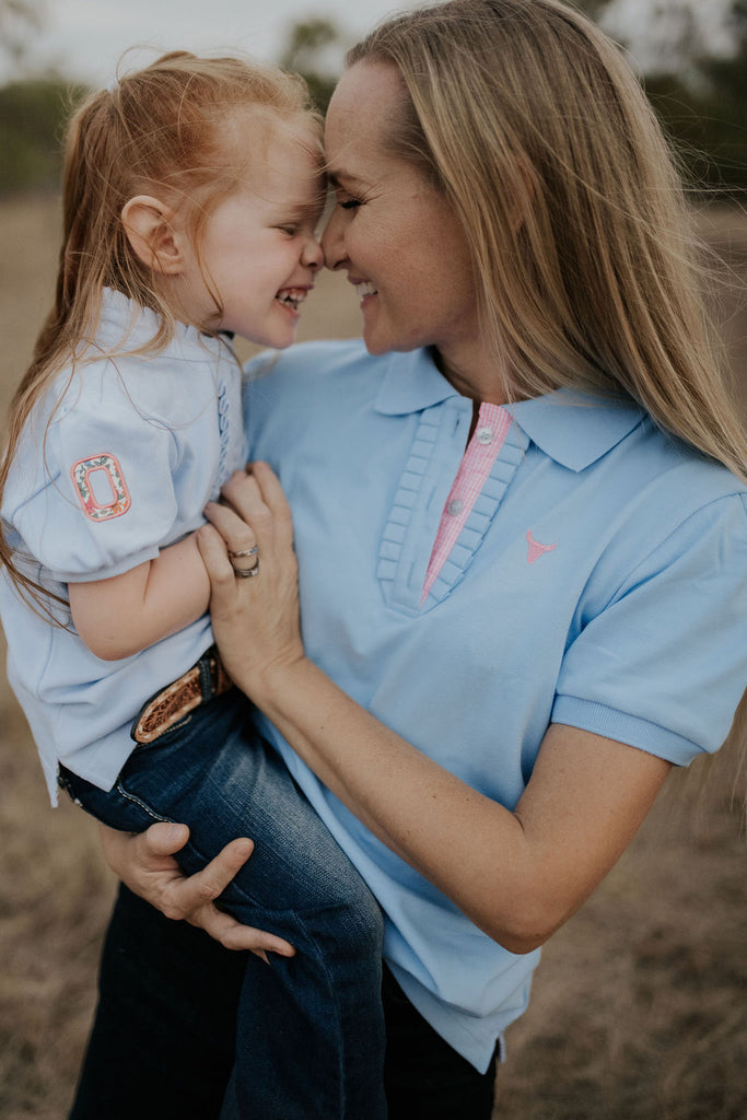 "Skye" Soft Blue and Baby Pink Gingham Relax Fitted Women's Contrast Polo-Little Windmill Clothing Co