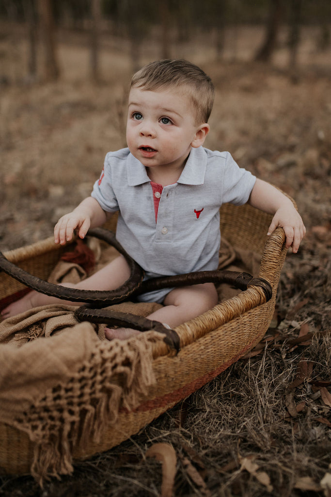 "Brock" Grey Red Contrast Baby Polo Romper-Little Windmill Clothing Co