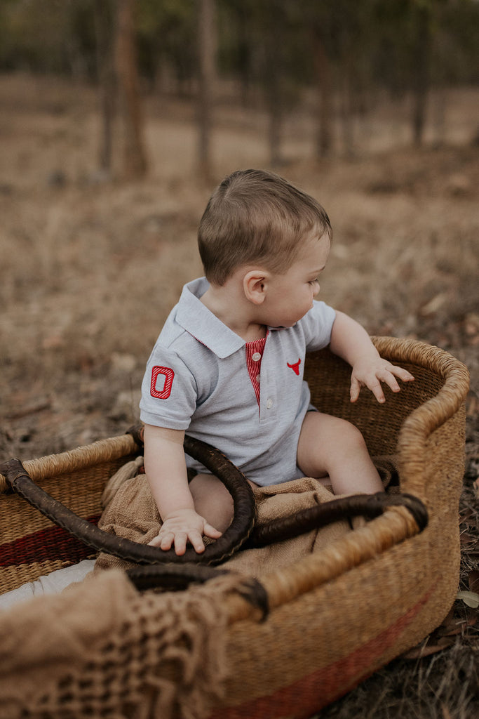 "Brock" Grey Red Contrast Baby Polo Romper-Little Windmill Clothing Co