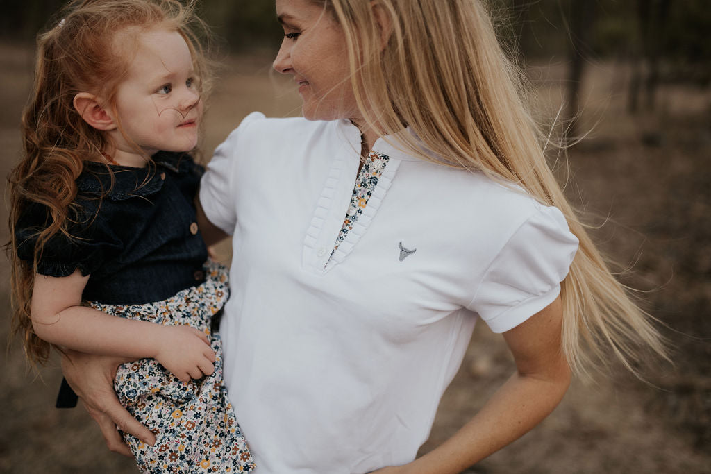 "Adelaide" Relax Fitted Women's White Floral Contrast Polo-Little Windmill Clothing Co