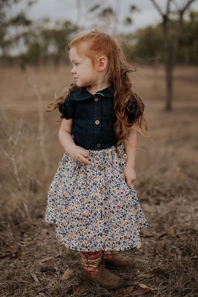 "Jolene" Dark Denim Floral Swing Dress-Little Windmill Clothing Co