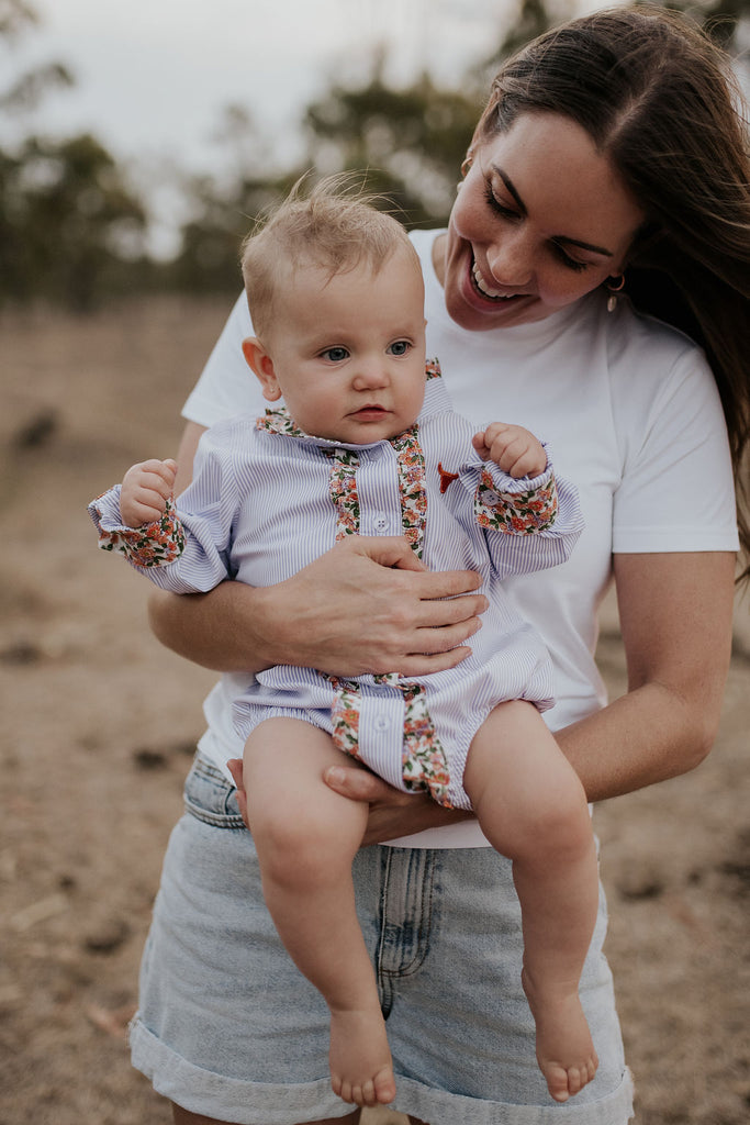 "Alisa" Pipe Purple Ruffle Collar Long Sleeve Romper-Little Windmill Clothing Co