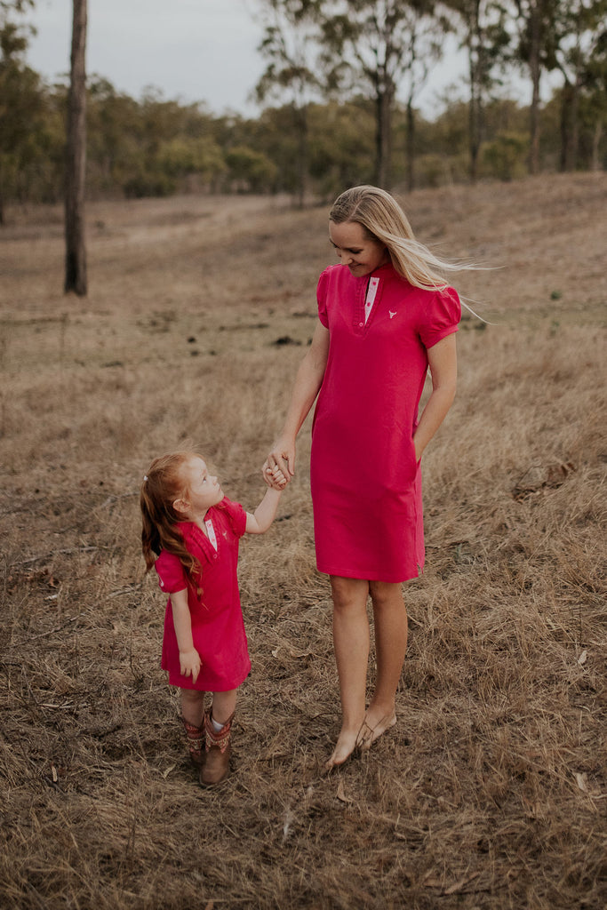 "Clara" Semi Fitted Women's Ruffle Barbie Pink Contrast Polo Dress-Little Windmill Clothing Co