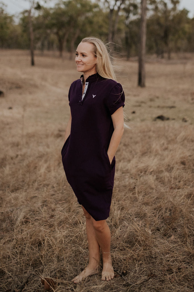 NURSING "Naomi" Semi Fitted Women's Ruffle Plum Floral Contrast Polo Dress-Little Windmill Clothing Co
