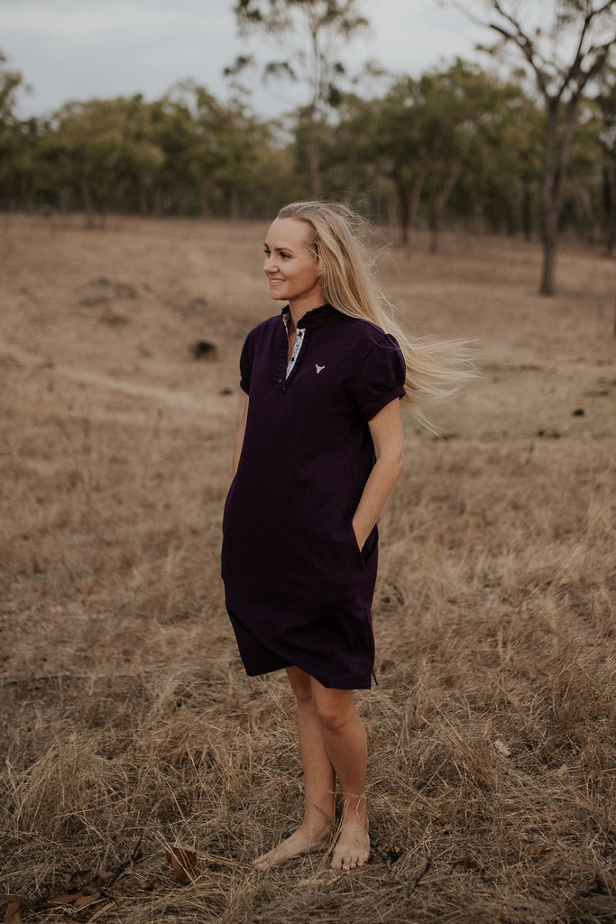 NURSING "Naomi" Semi Fitted Women's Ruffle Plum Floral Contrast Polo Dress-Little Windmill Clothing Co