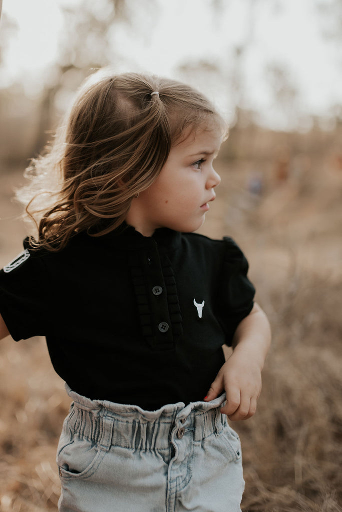 "Stormy" Black and White Gingham Ruffle Contrast Polo-Little Windmill Clothing Co