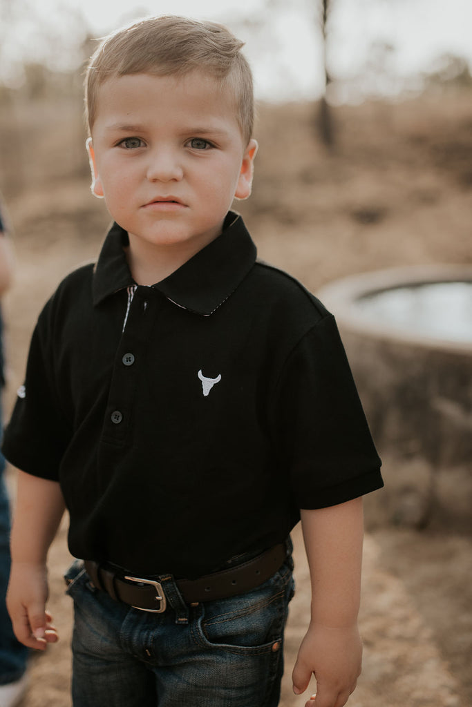 "Storm Jnr" Back and White Gingham Contrast Polo-Little Windmill Clothing Co