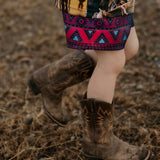 Aztec navy footy shorts back view showing elastic waistband and full aztec pattern