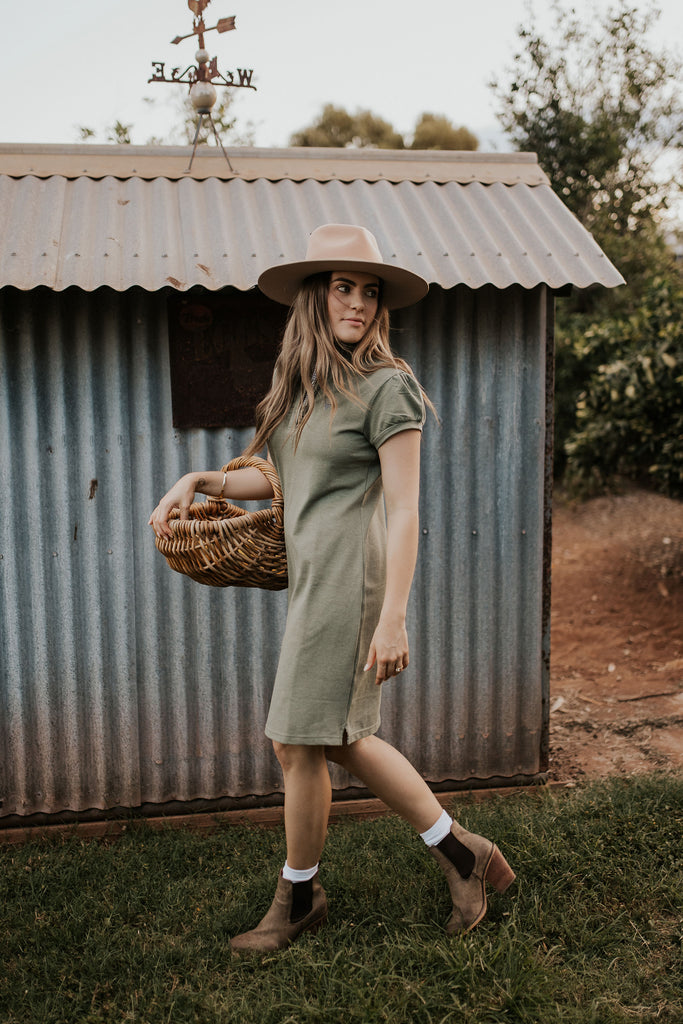 "Katherine" Semi Fitted Women's Ruffle Khaki Contrast Polo Dress-Little Windmill Clothing Co