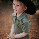 Keith khaki green boy's polo flat lay showing full design in earthy khaki green