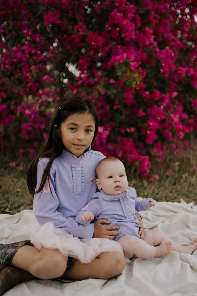 "Sophie Jnr" Soft Purple Pop Contrast Long Sleeve Baby Polo Romper-Little Windmill Clothing Co
